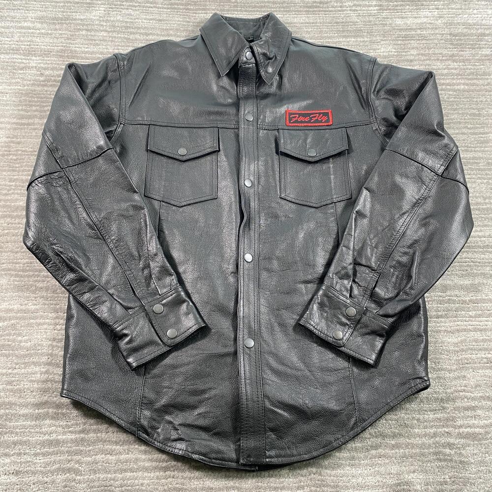 Leather King Jacket Mens XL Black Leather Biker Snap Shirt Shacket Motorcycle